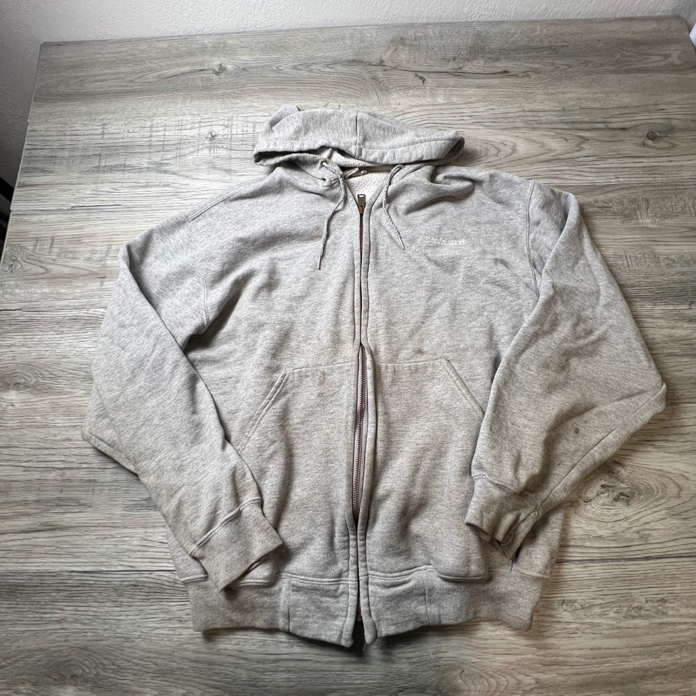 Carhartt Full Zip Hoodie Mens Large Gray K122HGY Workwear Distressed Sweatshirt